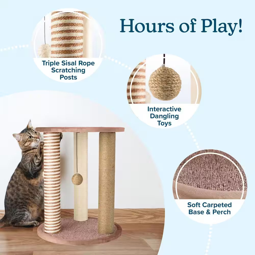 Tan and Cream 3-Pole Cat Scratching Post with Perch