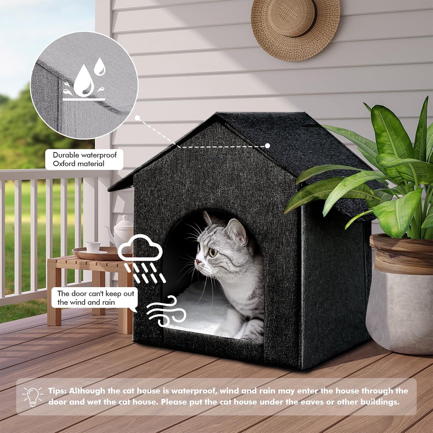 Waterproof Outdoor Cat House with Removable Cushion – 17" x 13" x 17" – All-Season Pet Shelter for Cats (Black)
