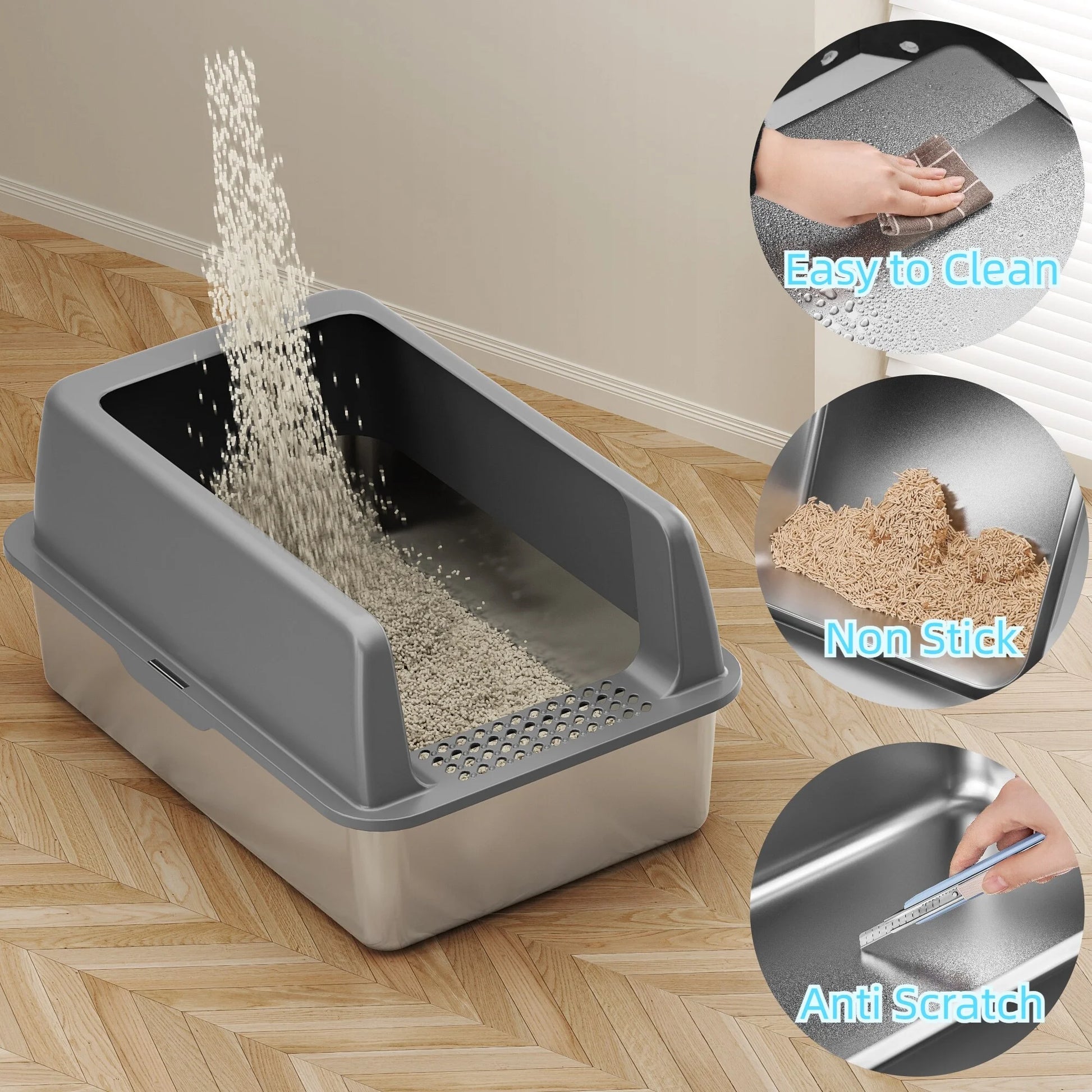 Large Stainless Steel Cat Litter Box with Lid and Scoop – High-Sided & Durable