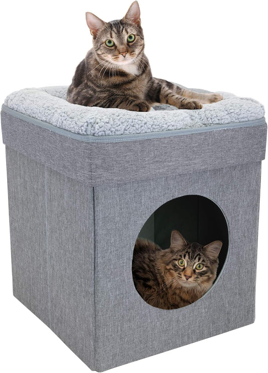 Indoor Cat Cube Furniture – Gray Cat Condo with Washable Cushion (16.5" x 16.5" x 19.25")