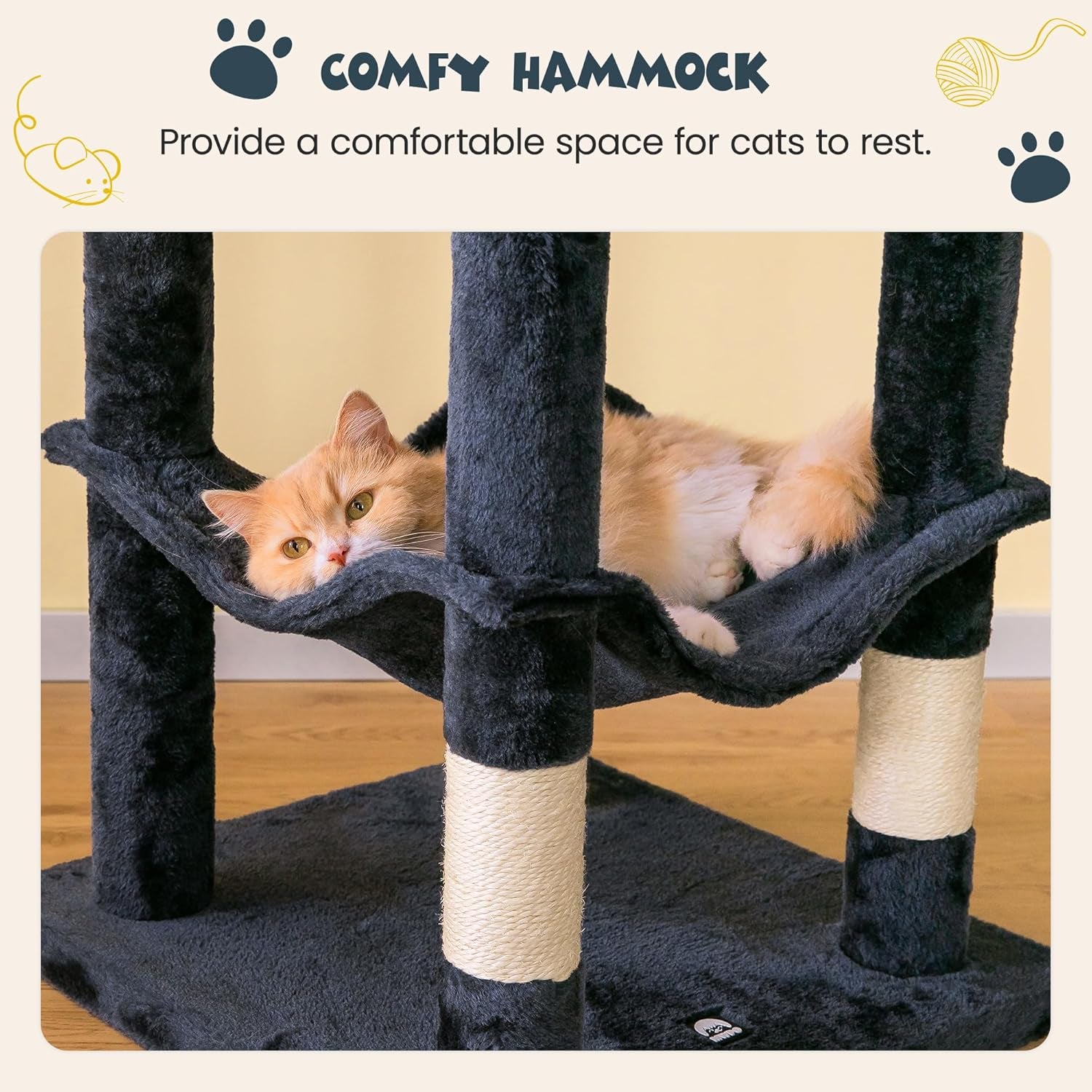 63.8-Inch Multi-Level Cat Tree Tower for your furry friend(s) – With Scratching Posts, Condo, Hammock & Perch (Smoky Gray)