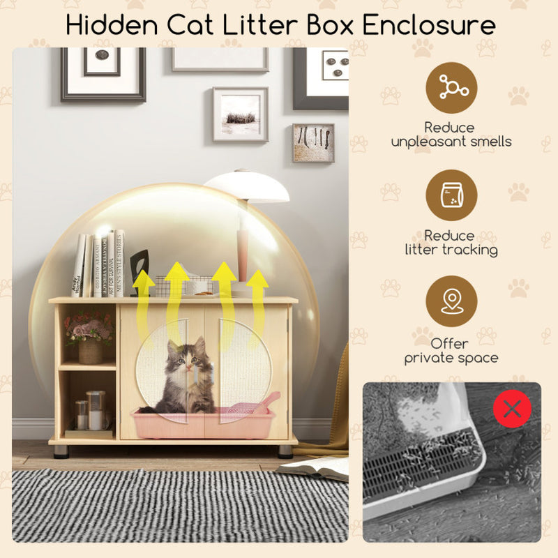 Cat Litter Box Enclosure with Sisal Scratching Doors & Adjustable Metal Feet