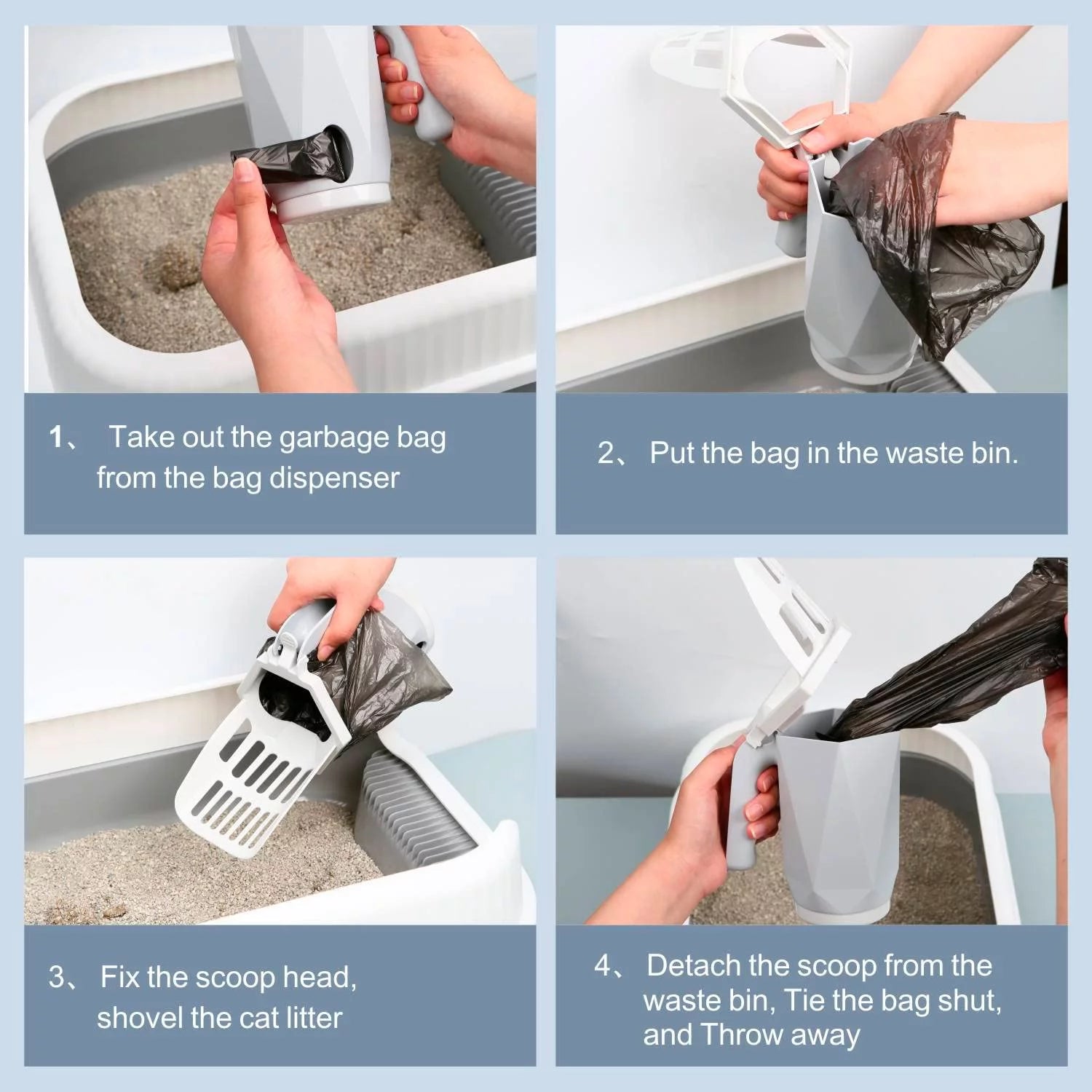 3-in-1 Cat Litter Scoop with Holder – Large Portable Scooper with 200 Refill Bags (Gray)