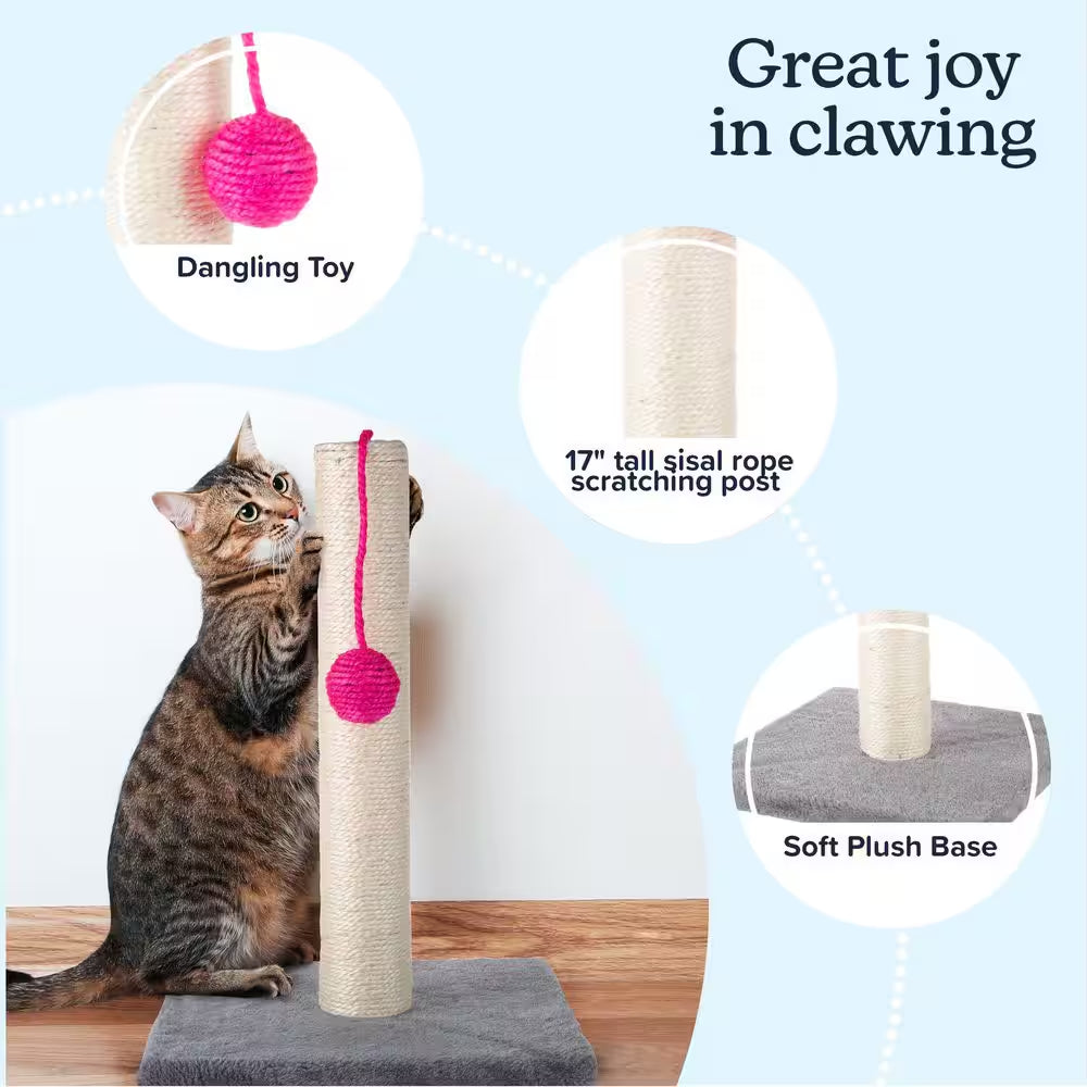 17" Cat Scratching Post with Plush Base & Hanging Toy