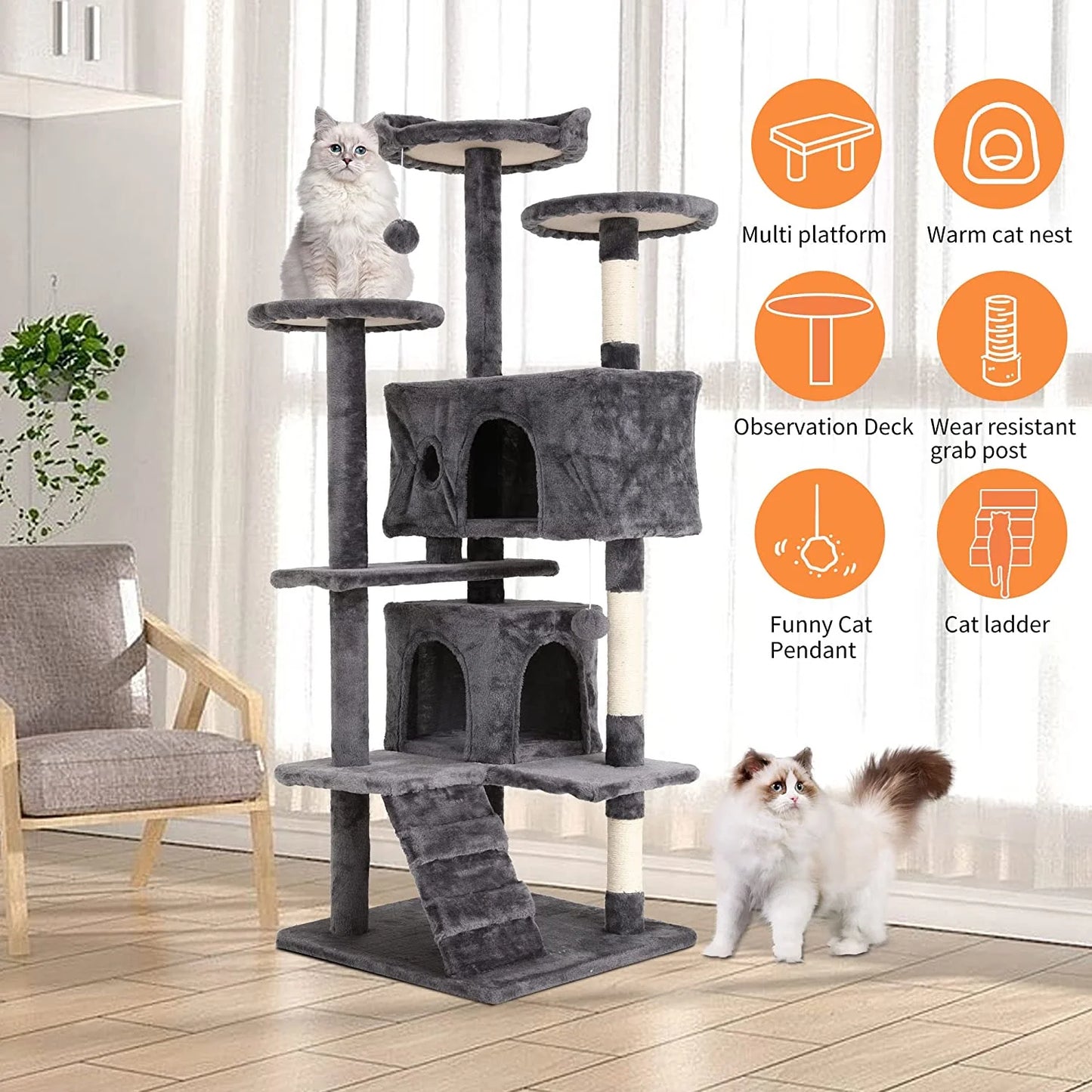 54" Multi-Level Cat Tree Tower with Condos, Scratching Posts & Toys – Light Gray