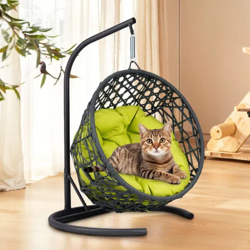 Cat Swing Bed with Stand and Cushion, Indoor Rattan Wicker Hanging Chair