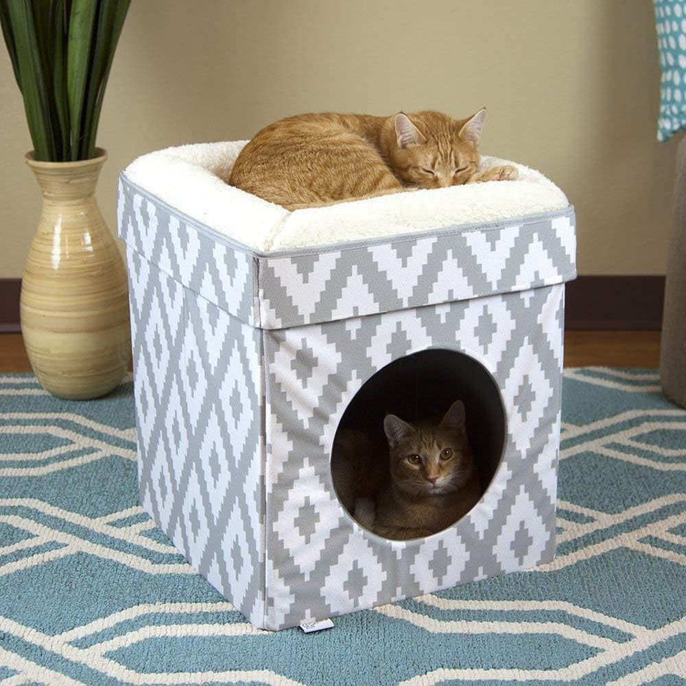 Foldable Indoor Cat Cube House with Cushion & Fleece Mat – White