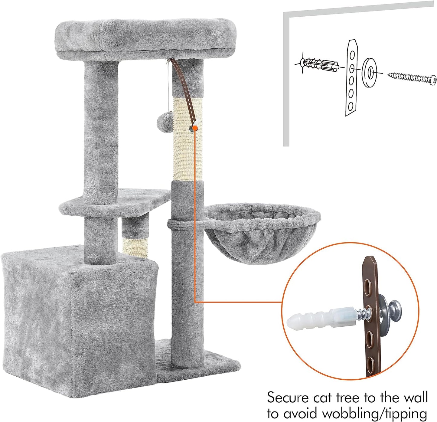 34" Multi-Level Cat Tree Tower with Condo, Basket, and Scratching Posts – Light Gray