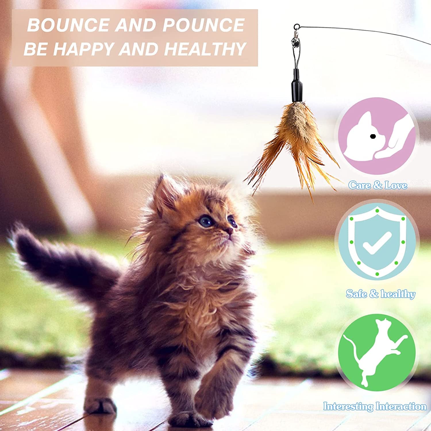 Feather Teaser Cat Toy – Interactive Wand with Natural Brown Feather and Small Bell