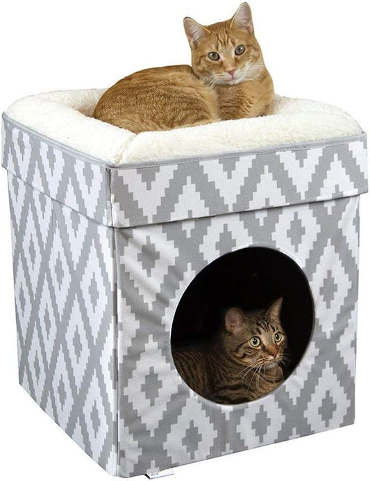 Foldable Indoor Cat Cube House with Cushion & Fleece Mat – White