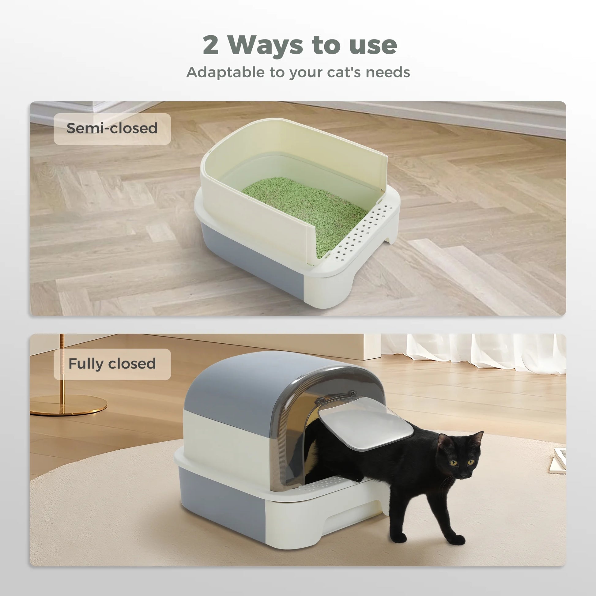 Large Cat Litter Box with Lid and Scoop – 2-in-1 Enclosed/Semi-Enclosed Design