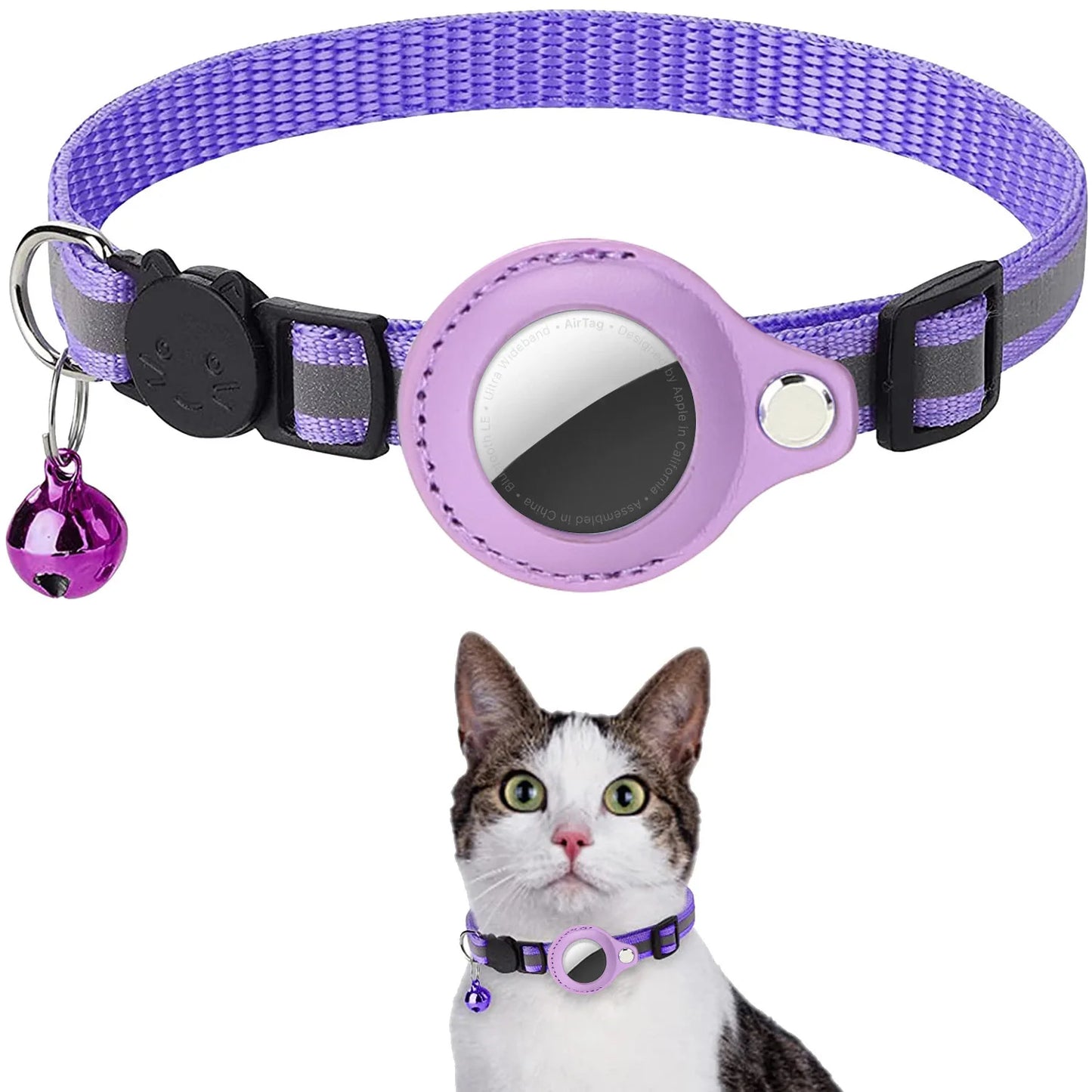 Adjustable Cat AirTag Collar with Breakaway Buckle, Reflective Strips, Waterproof Holder & Bell