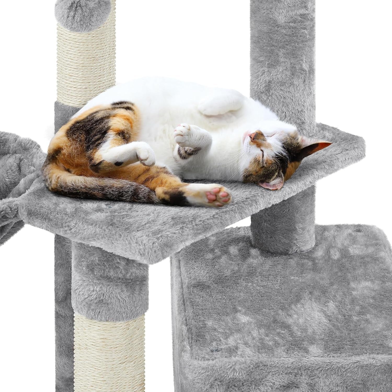 34" Multi-Level Cat Tree Tower with Condo, Basket, and Scratching Posts – Light Gray