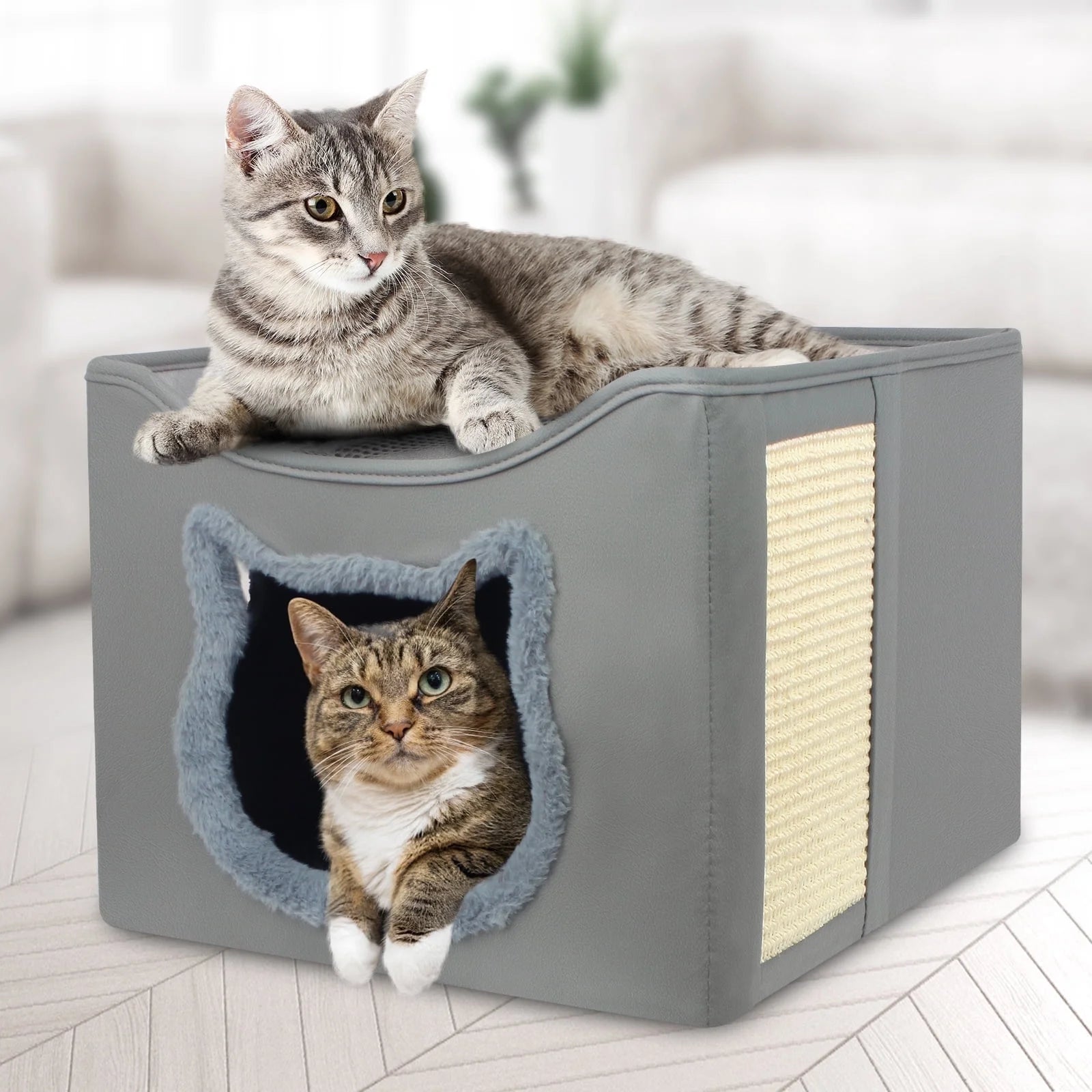 Foldable Cat Cave Bed with Scratching Pad & Two Cushions