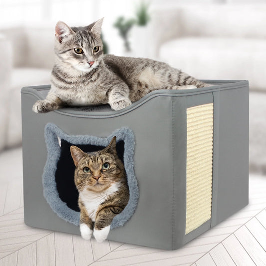 Foldable Cat Cave Bed with Scratching Pad & Two Cushions