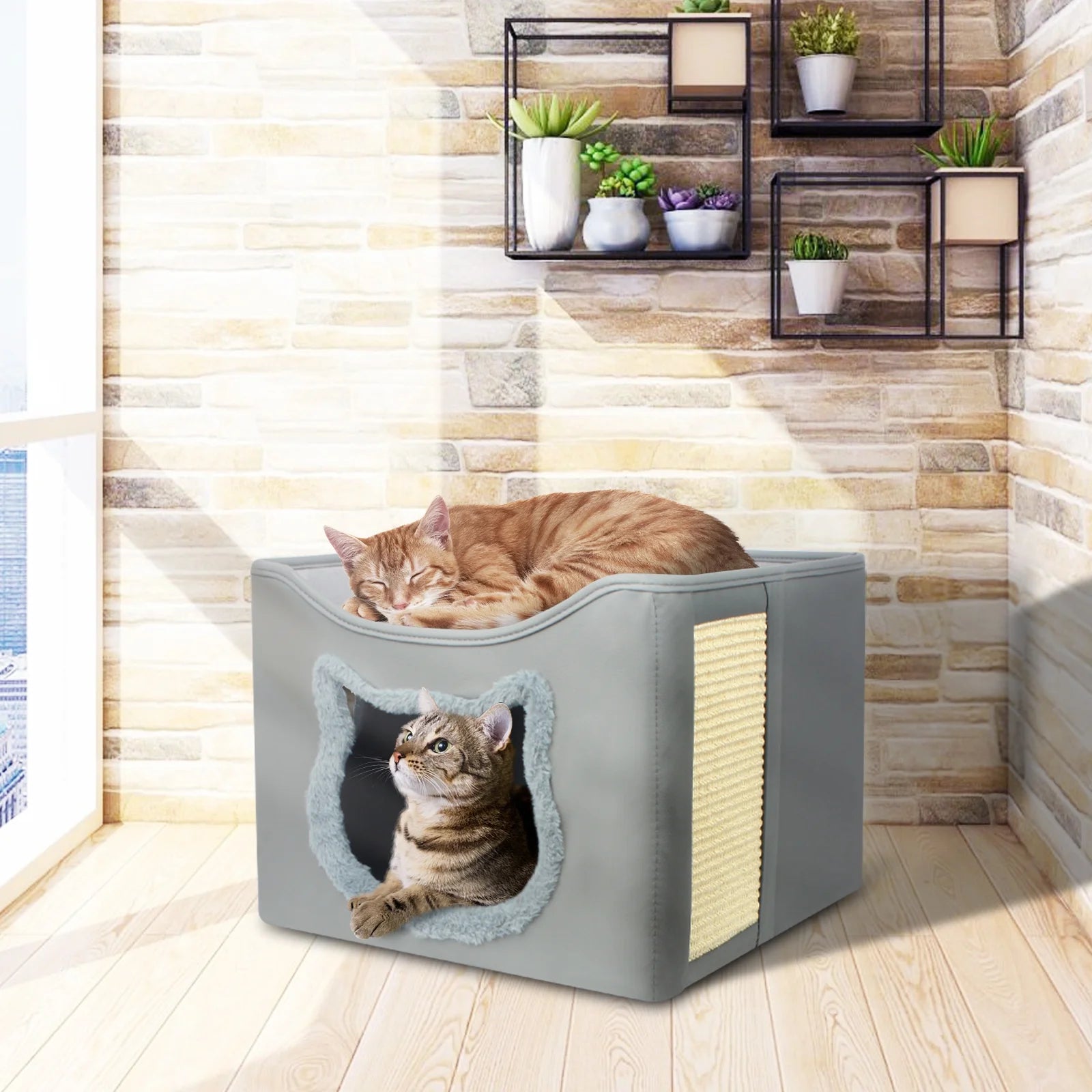 Foldable Cat Cave Bed with Scratching Pad & Two Cushions
