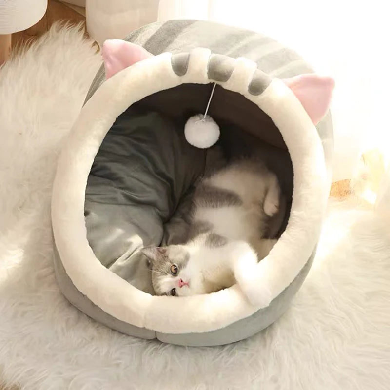 Cozy Cat Bed Cave – Soft Cotton Tent House with Removable Double-Sided Cushion