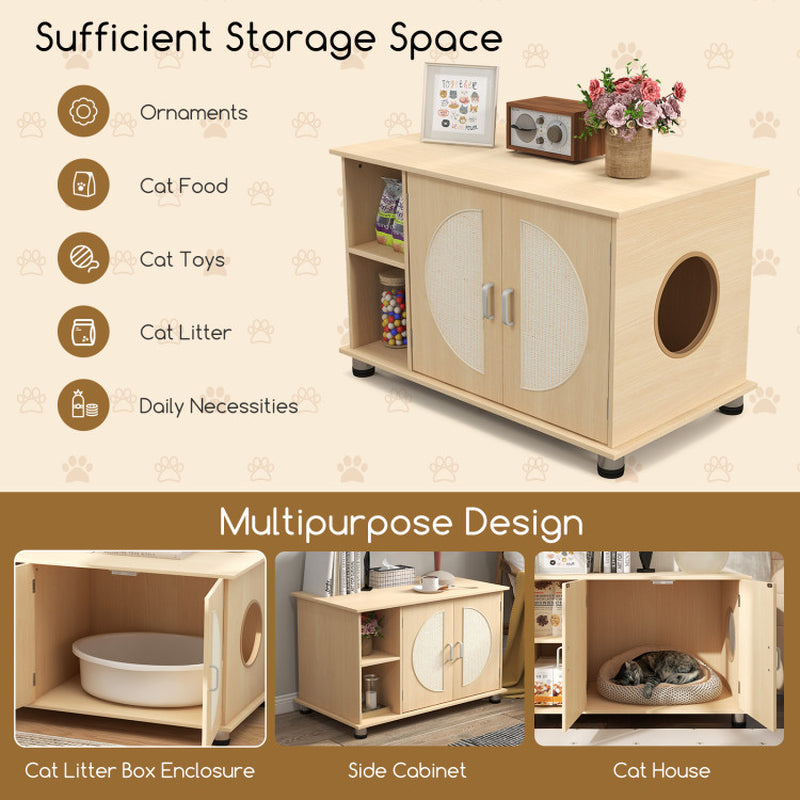 Cat Litter Box Enclosure with Sisal Scratching Doors & Adjustable Metal Feet