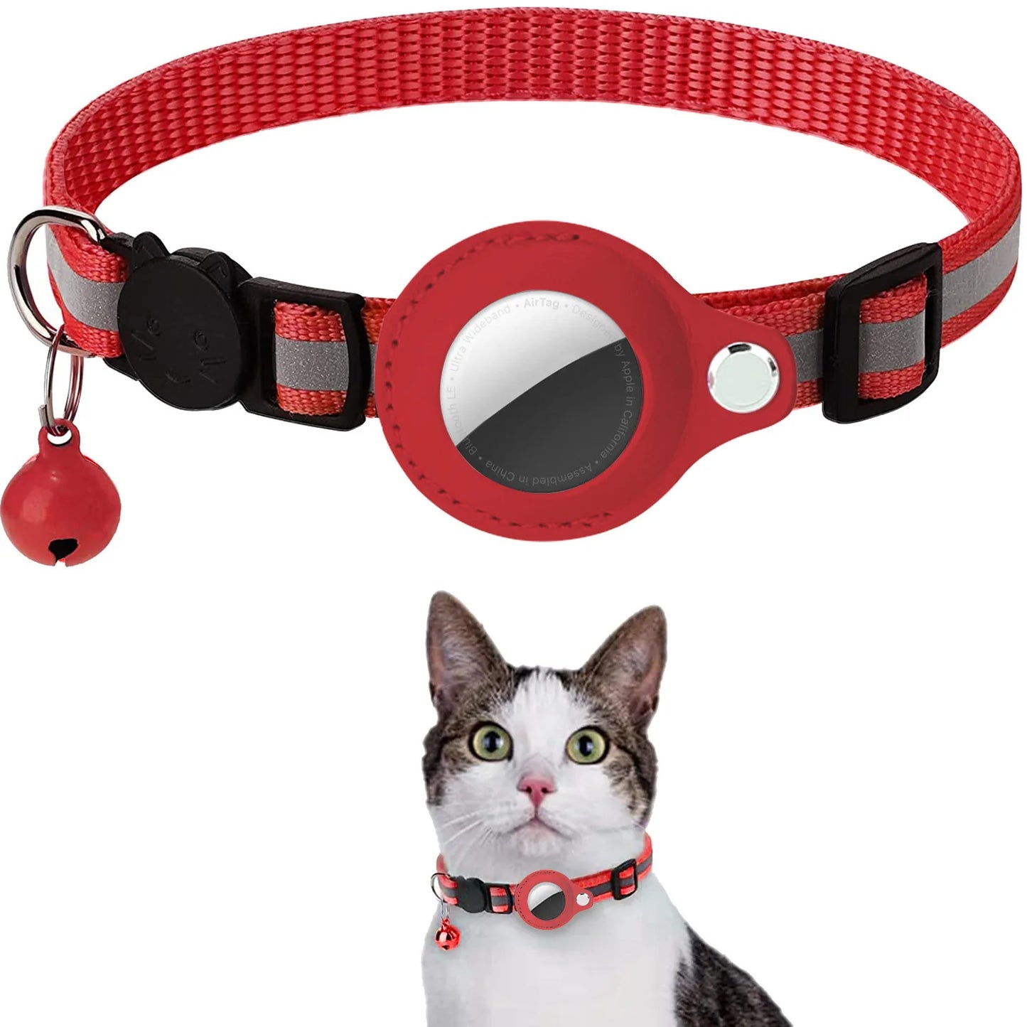 Adjustable Cat AirTag Collar with Breakaway Buckle, Reflective Strips, Waterproof Holder & Bell
