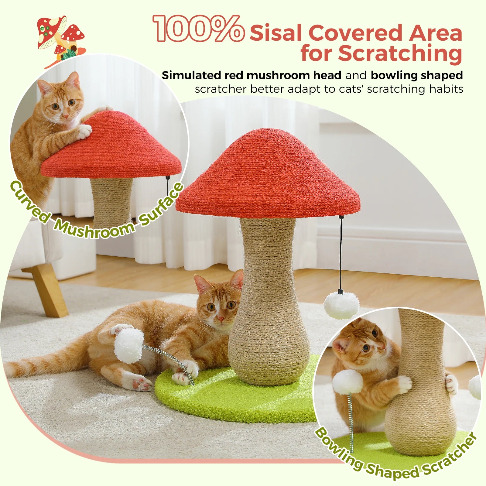 Mushroom Cat Scratching Post with Sisal Cover & Pompom Toys