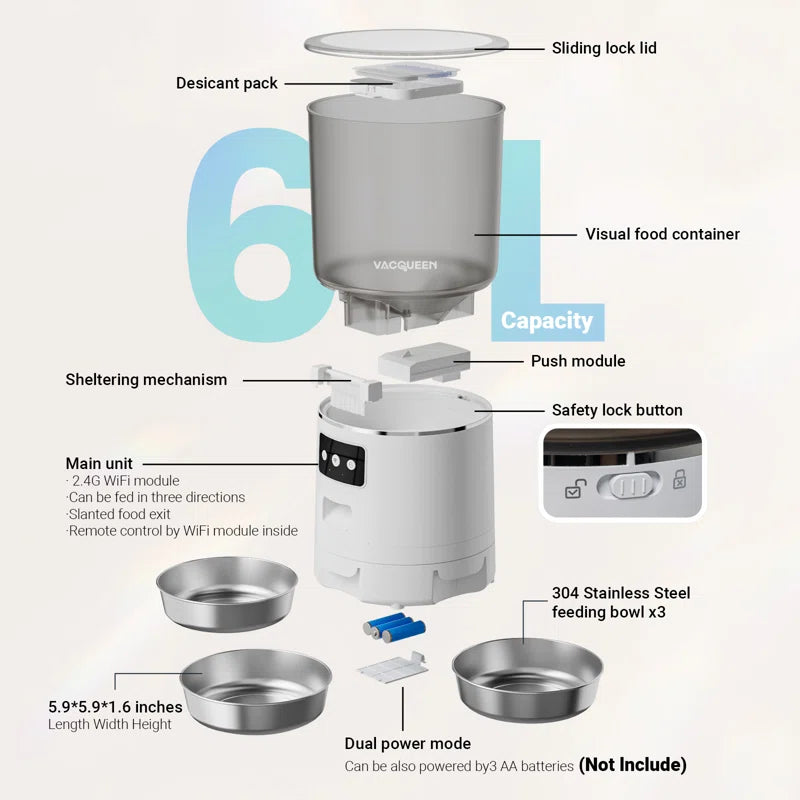 Automatic Cat Food Dispenser – 6L Capacity with 3 Bowls, WiFi & App Control