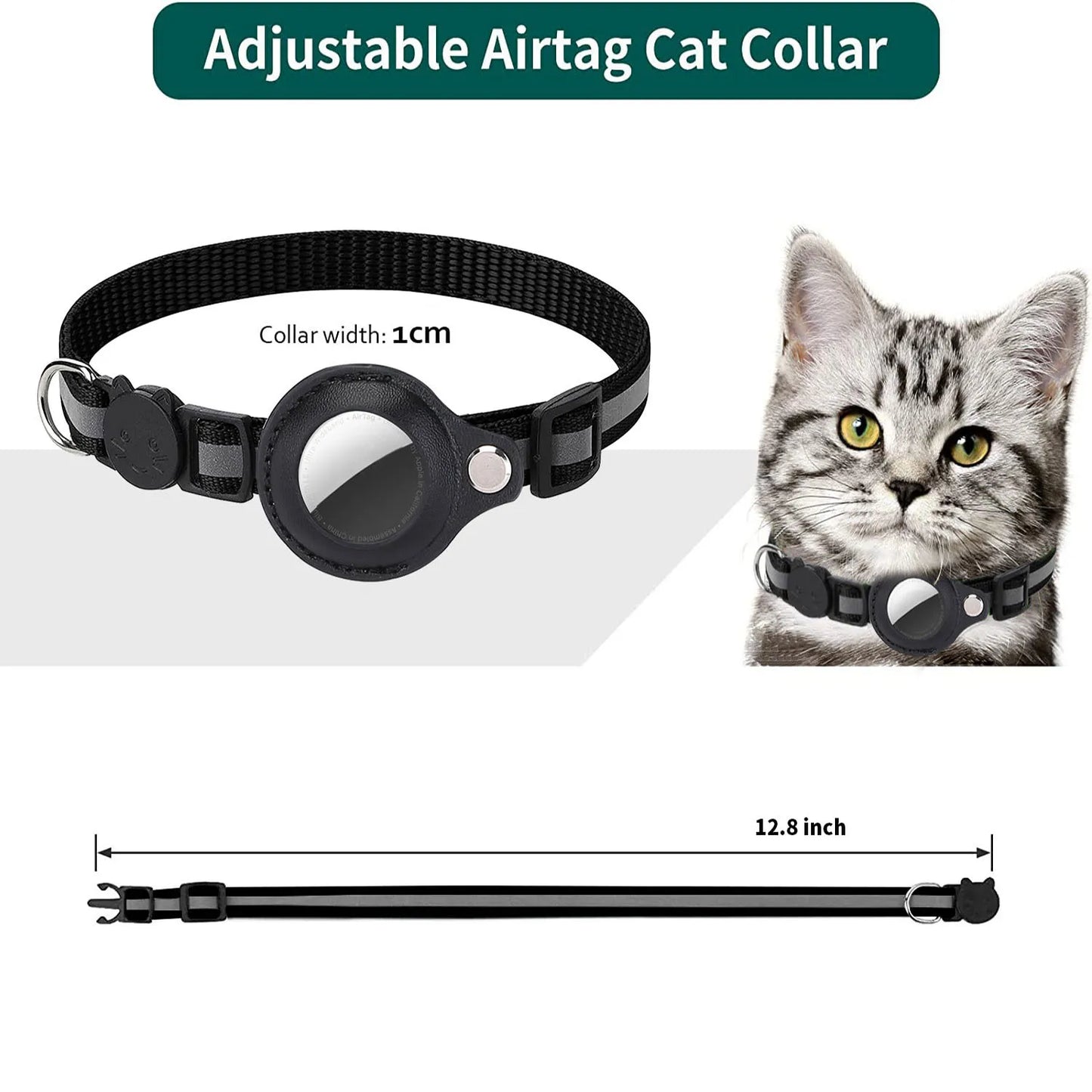 Adjustable Cat AirTag Collar with Breakaway Buckle, Reflective Strips, Waterproof Holder & Bell