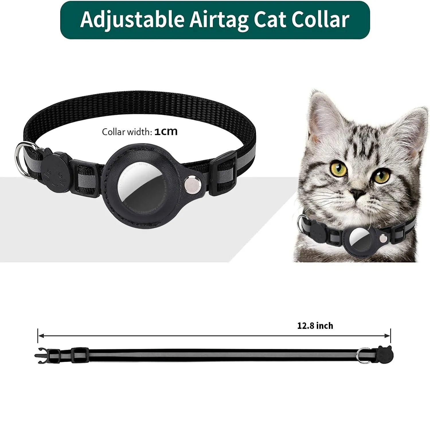 Adjustable Cat AirTag Collar with Breakaway Buckle, Reflective Strips, Waterproof Holder & Bell