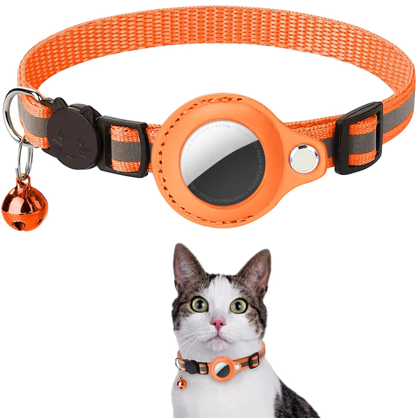 Adjustable Cat AirTag Collar with Breakaway Buckle, Reflective Strips, Waterproof Holder & Bell