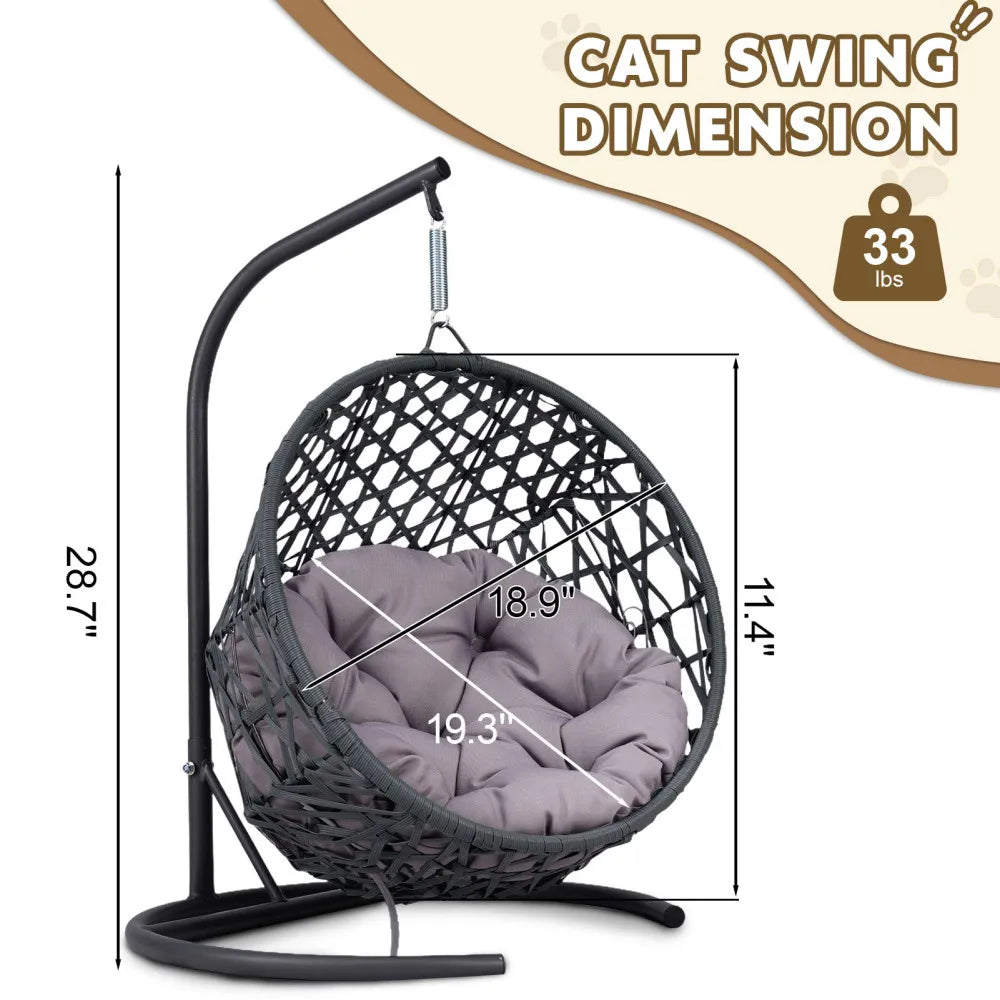 Cat Swing Bed with Stand and Cushion, Indoor Rattan Wicker Hanging Chair