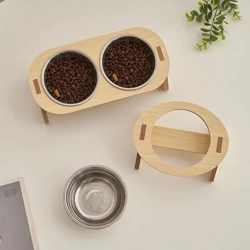Double Plate Cat Bowl with Elevated Wooden Stand