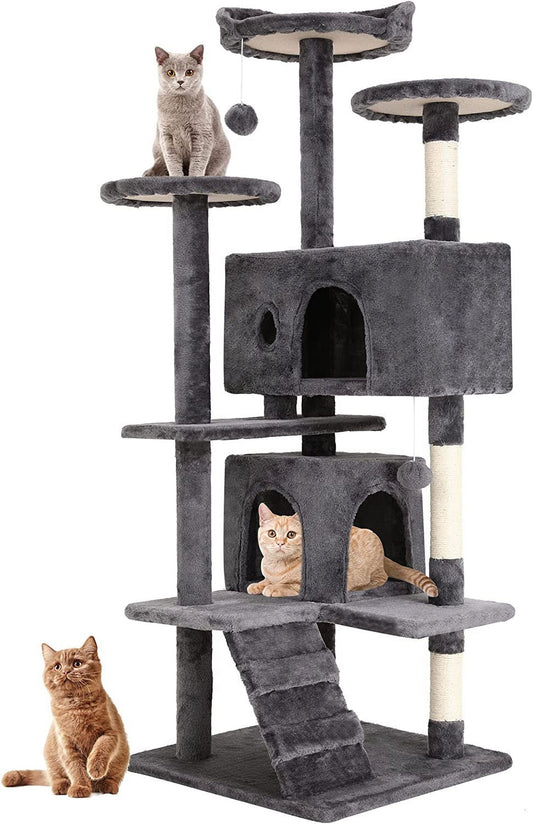 54" Multi-Level Cat Tree Tower with Condos, Scratching Posts & Toys – Light Gray