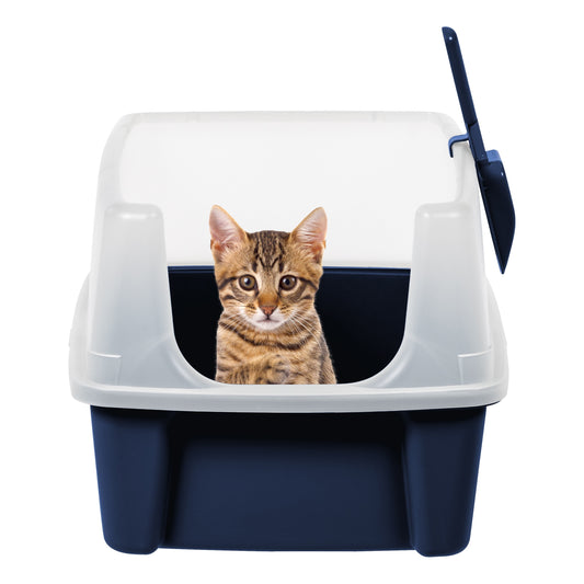 High-Sided Open-Top Cat Litter Box with Shield and Scoop – Navy