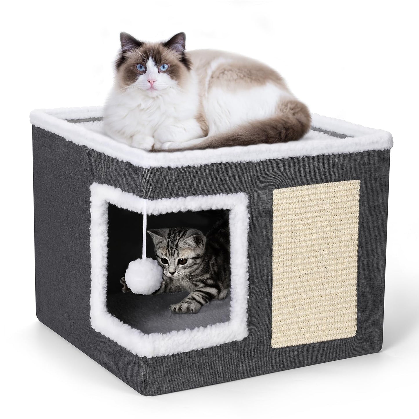 Modern Covered Cat House with Scratch Pad – Cozy Hideaway Cube Bed for Indoor Cats & Kittens