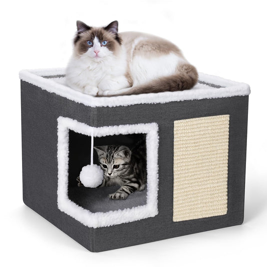 Modern Covered Cat House with Scratch Pad – Cozy Hideaway Cube Bed for Indoor Cats & Kittens