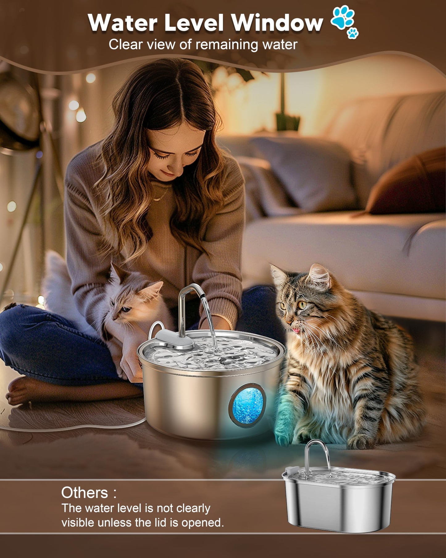 AGEETXT Stainless Steel Cat Water Fountain – 3.2L / 108oz Automatic Pet Water Dispenser