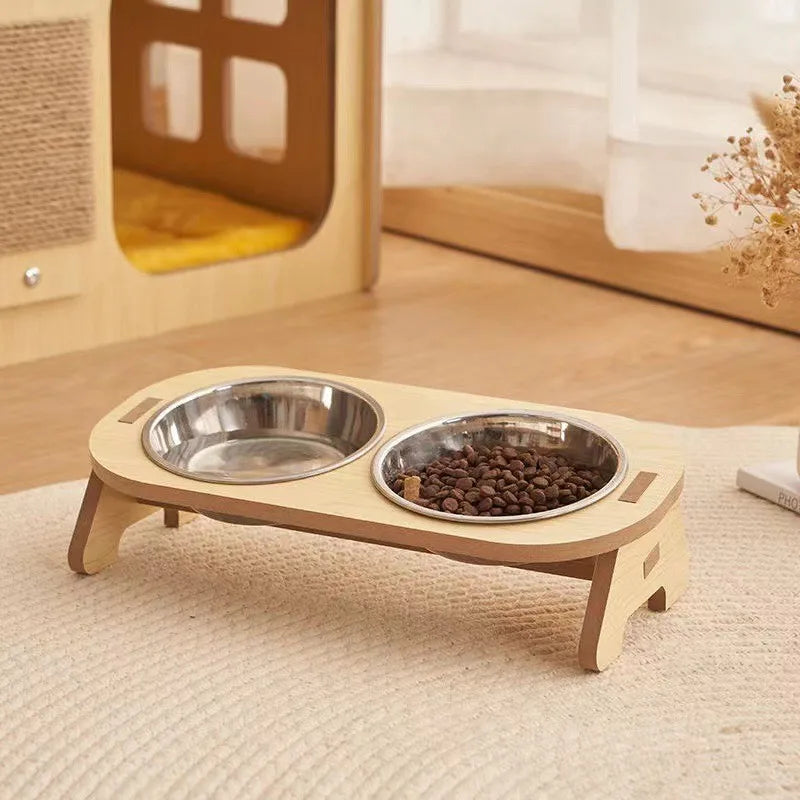 Double Plate Cat Bowl with Elevated Wooden Stand