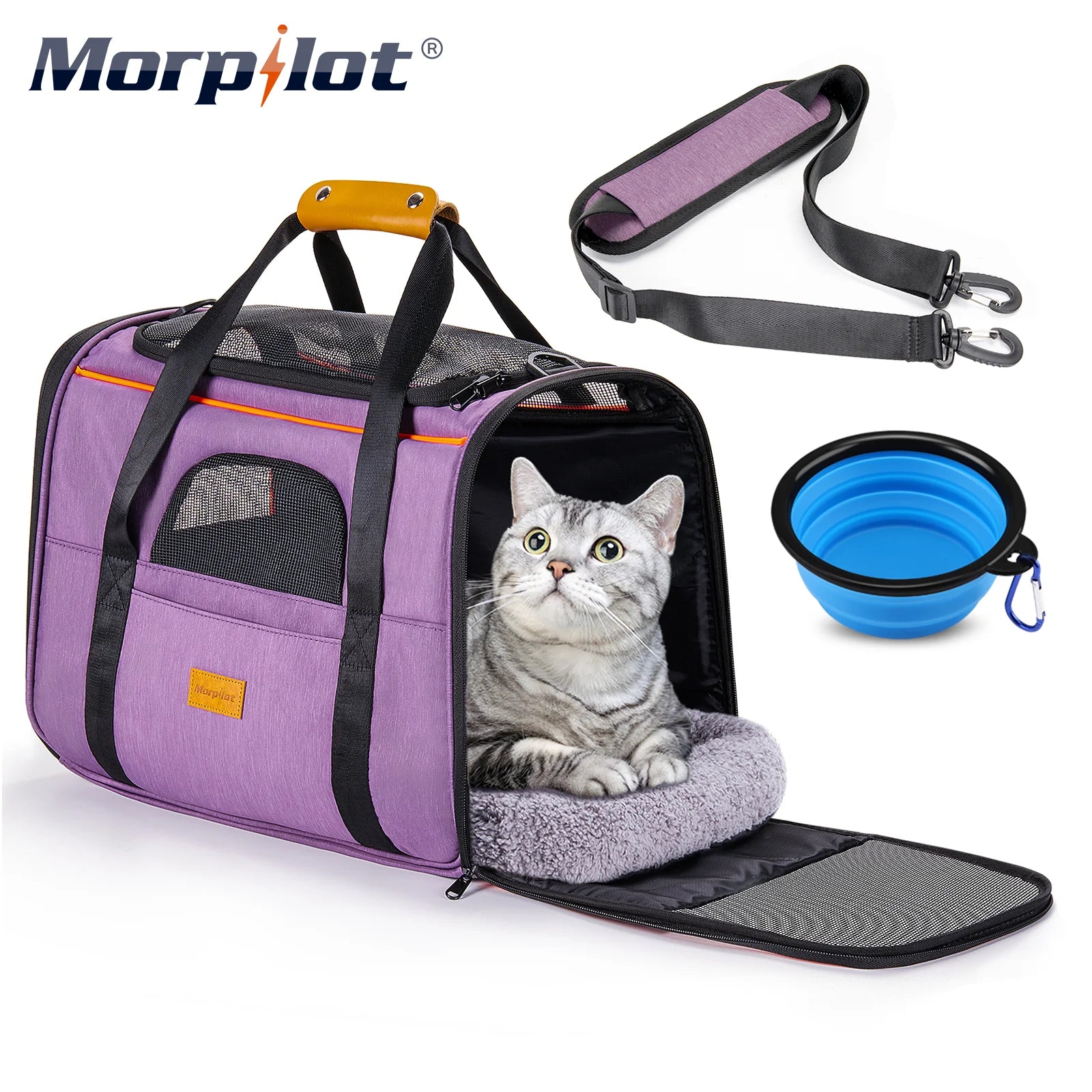 Spacious & Stylish Extra Large TSA Approved Cat Carrier - Soft Sided & up to 20LB with Water Bowl - Chic Purple Design