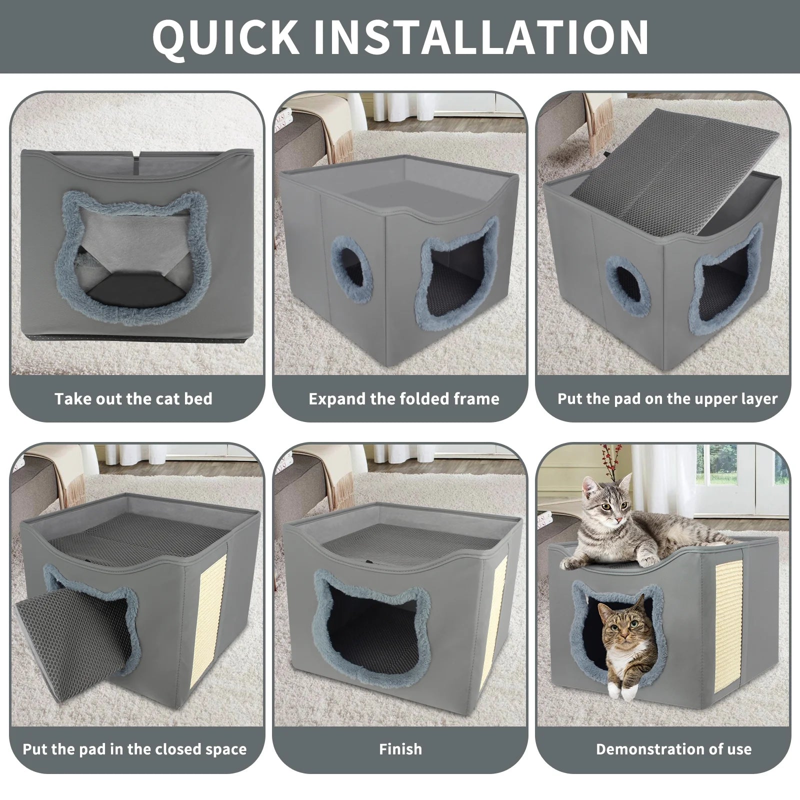 Foldable Cat Cave Bed with Scratching Pad & Two Cushions