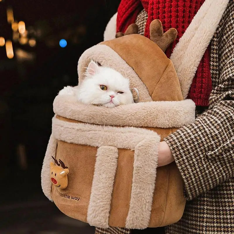 Cozy Plush Winter Pet Carrier Backpack for Small Cats - Perfect for Outdoor Travel!
