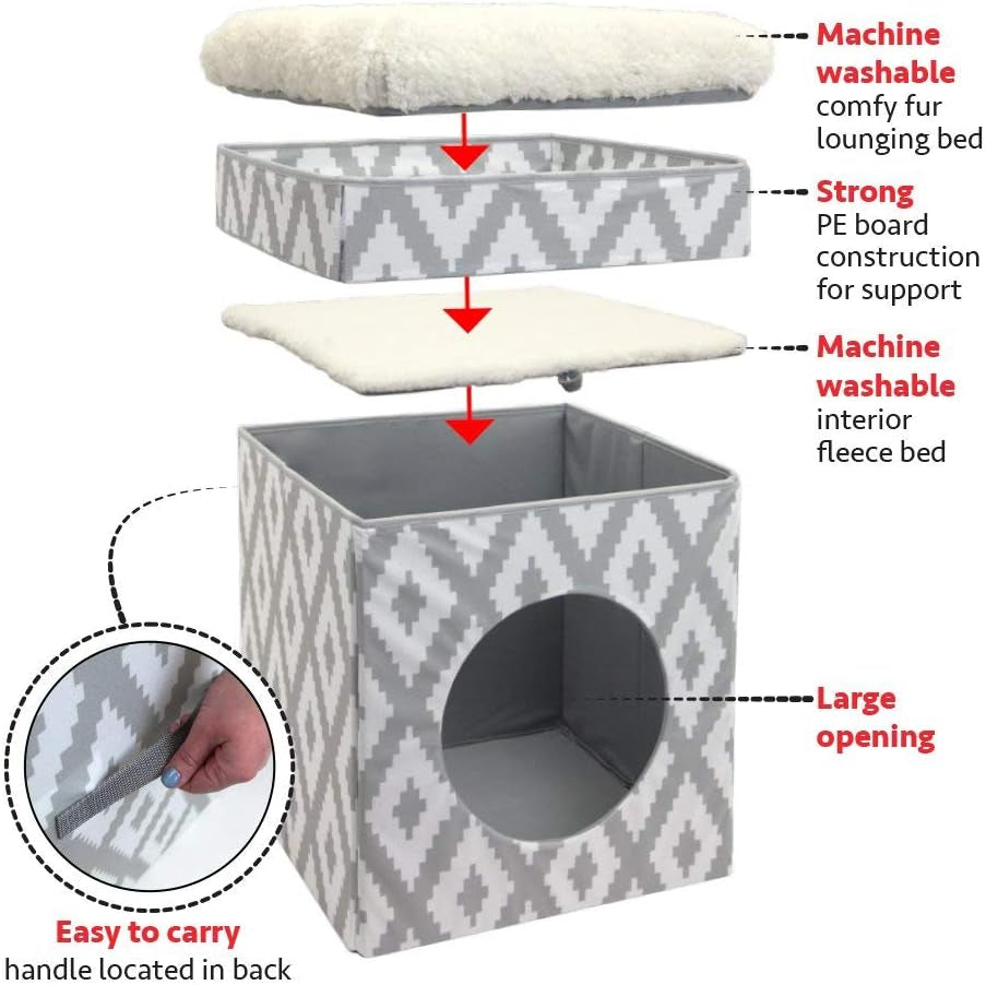 Foldable Indoor Cat Cube House with Cushion & Fleece Mat – White