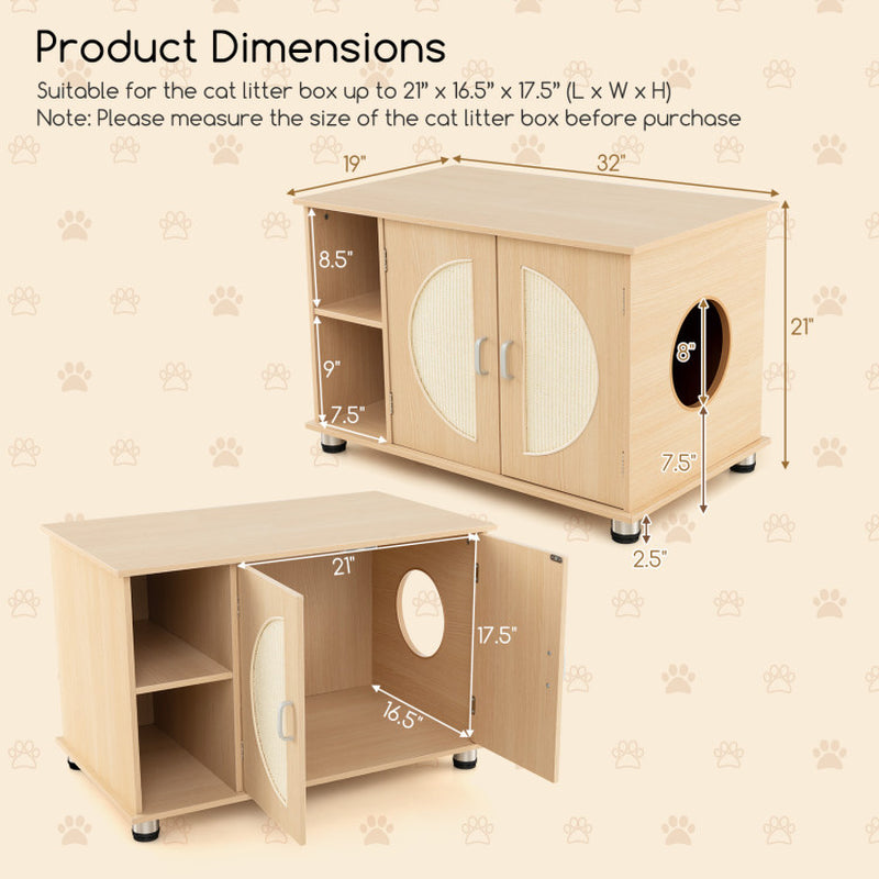 Cat Litter Box Enclosure with Sisal Scratching Doors & Adjustable Metal Feet