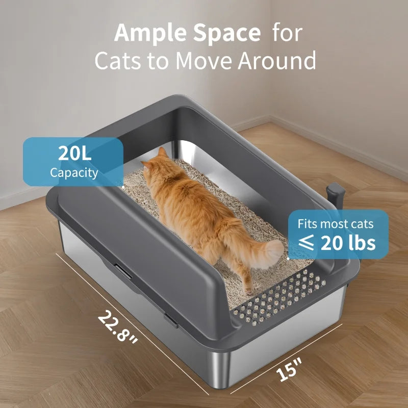 Large Stainless Steel Cat Litter Box with Lid and Scoop – High-Sided & Durable