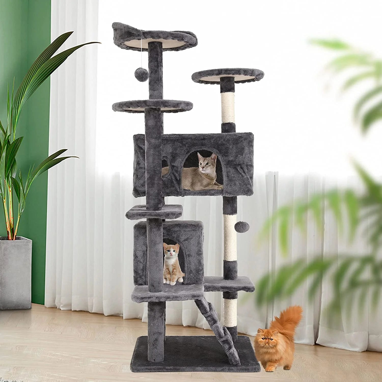 54" Multi-Level Cat Tree Tower with Condos, Scratching Posts & Toys – Light Gray