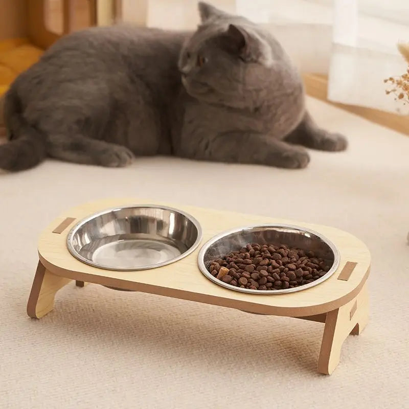 Double Plate Cat Bowl with Elevated Wooden Stand