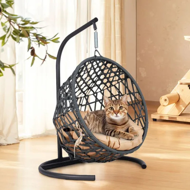 Cat Swing Bed with Stand and Cushion, Indoor Rattan Wicker Hanging Chair