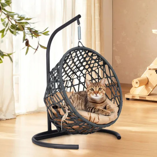 Cat Swing Bed with Stand and Cushion, Indoor Rattan Wicker Hanging Chair