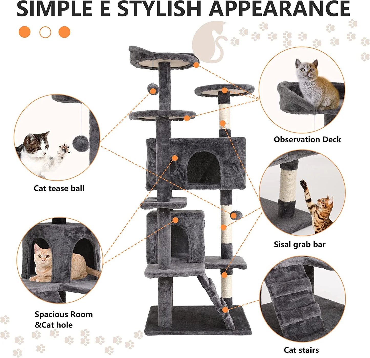 54" Multi-Level Cat Tree Tower with Condos, Scratching Posts & Toys – Light Gray