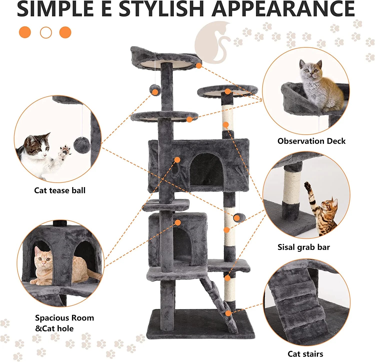 54" Multi-Level Cat Tree Tower with Condos, Scratching Posts & Toys – Light Gray