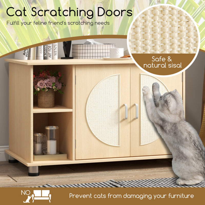 Cat Litter Box Enclosure with Sisal Scratching Doors & Adjustable Metal Feet