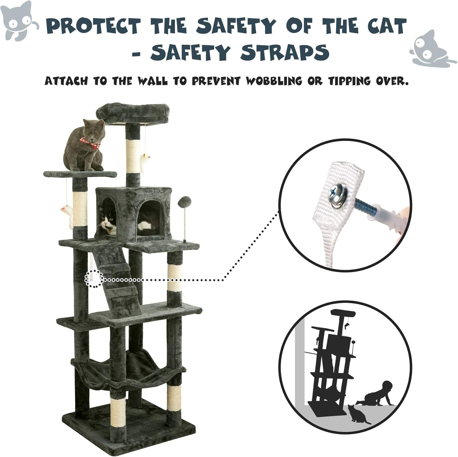 63.8-Inch Multi-Level Cat Tree Tower for your furry friend(s) – With Scratching Posts, Condo, Hammock & Perch (Smoky Gray)